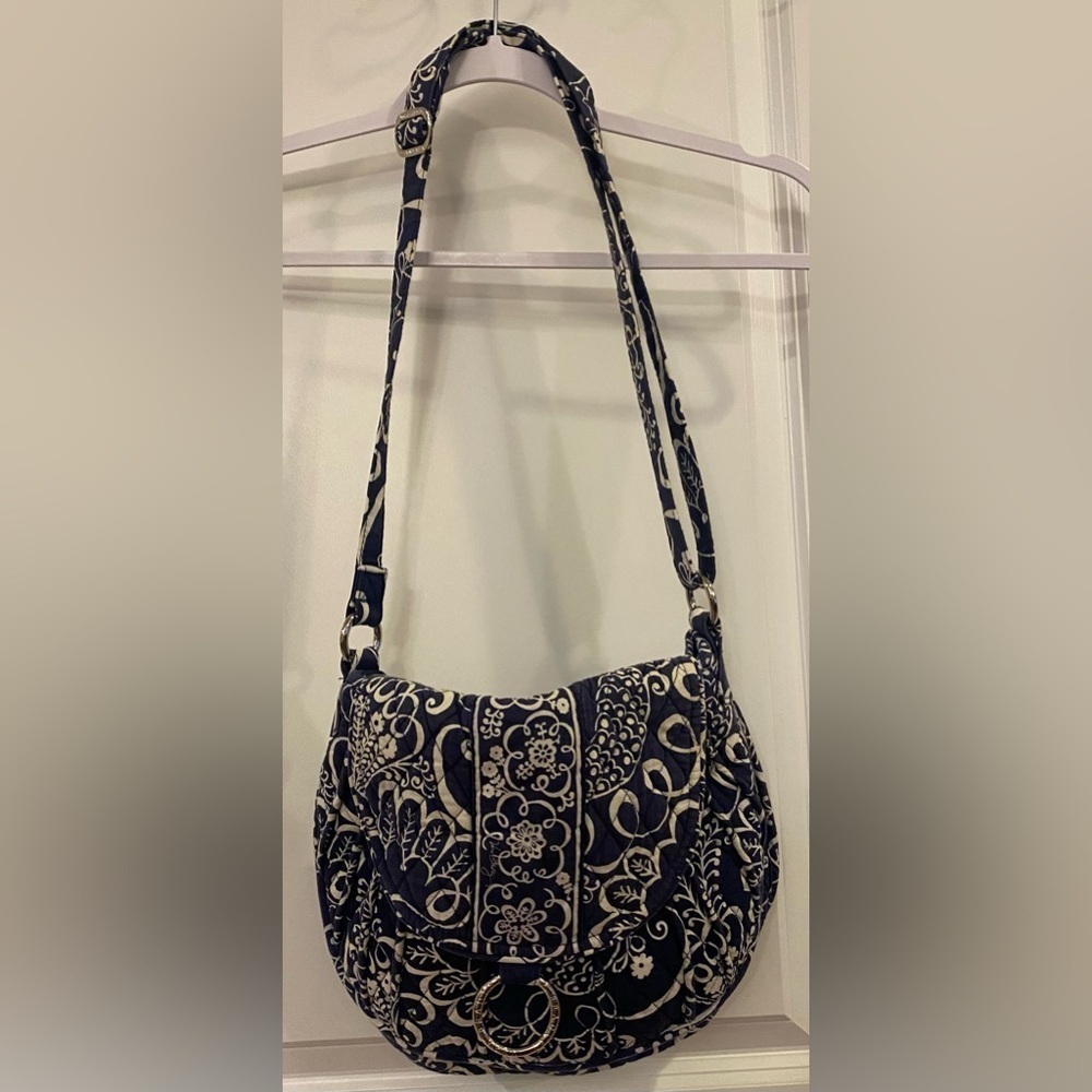 Vera Bradley Crossbody Saddle Bag Twirly Birds Navy/White Adjustable Strap